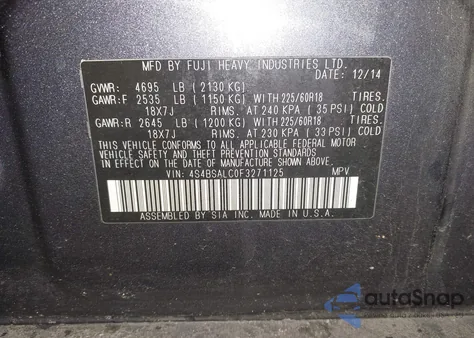 2015 Subaru Outback 2.5I Limited from USA, damaged, VIN 4S4BSALC0F3271125